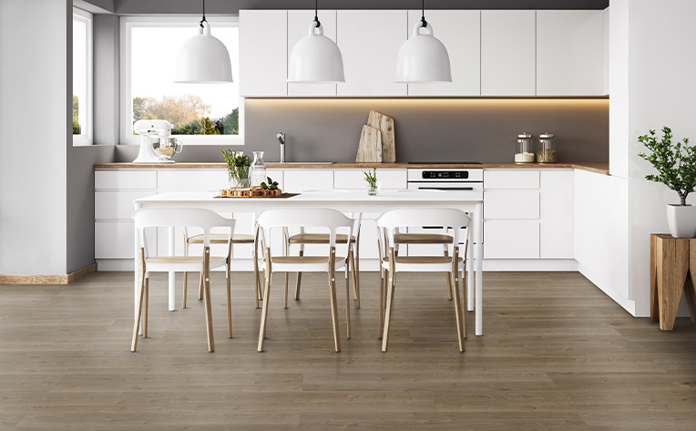 luxury vinyl kitchen with white chairs